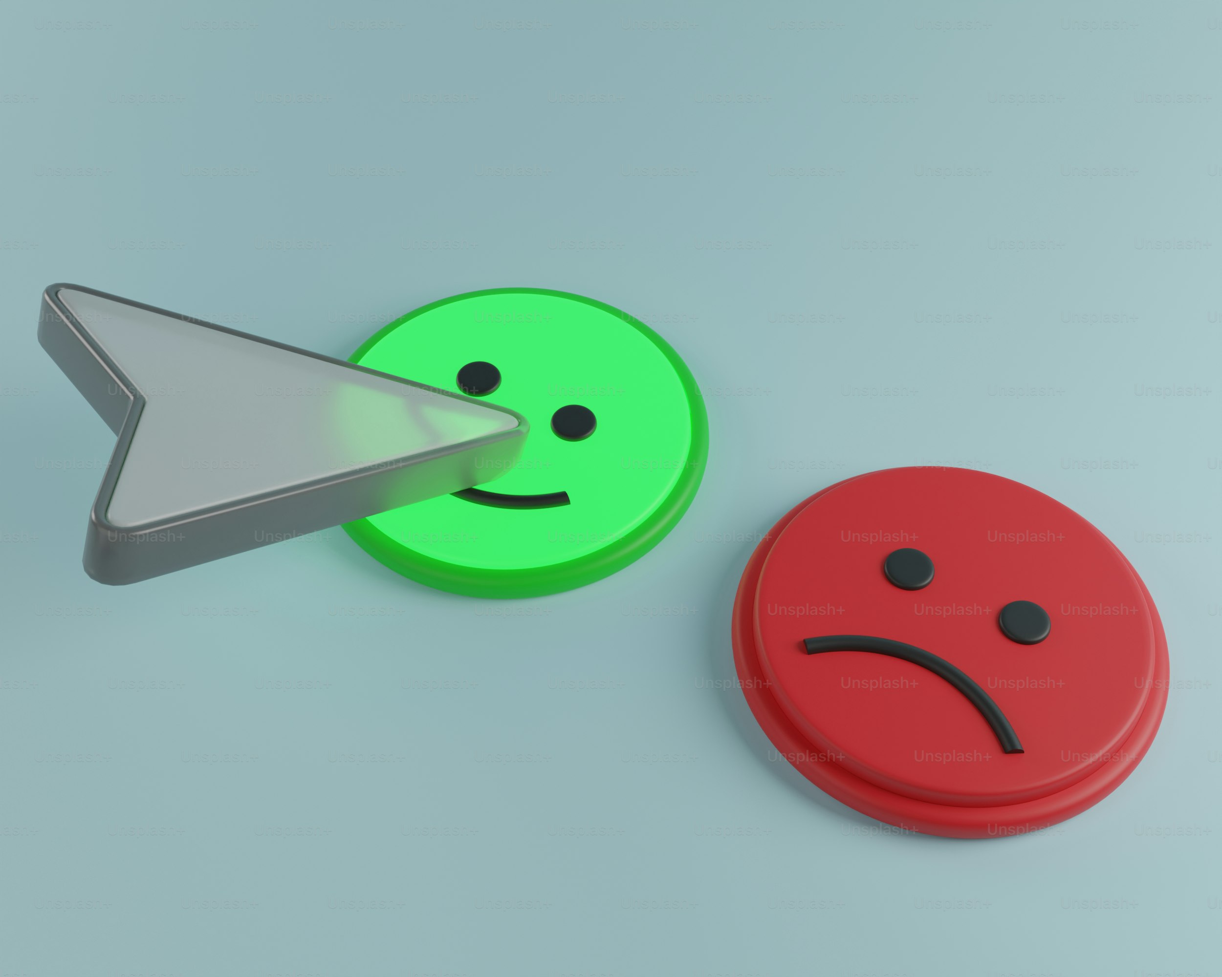 A red and green button with a sad face and an arrow